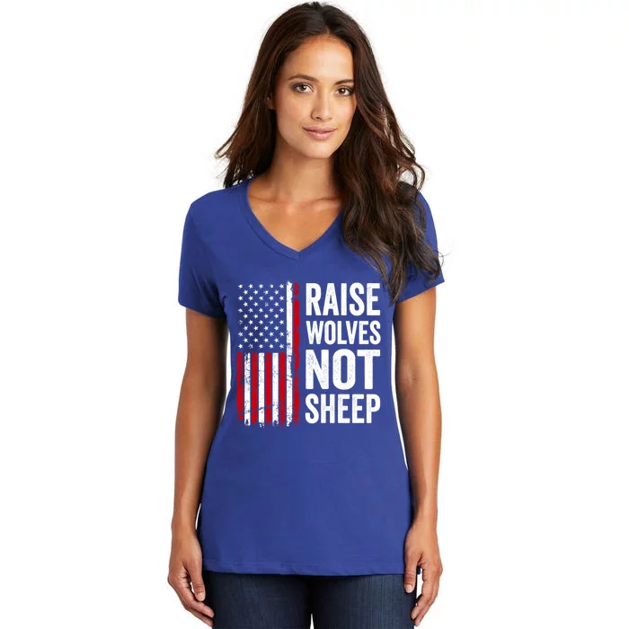 Raise Wolves Not Sheep Gift American Patriotic Usa Flag (Back) Gift Women's V-Neck T-Shirt