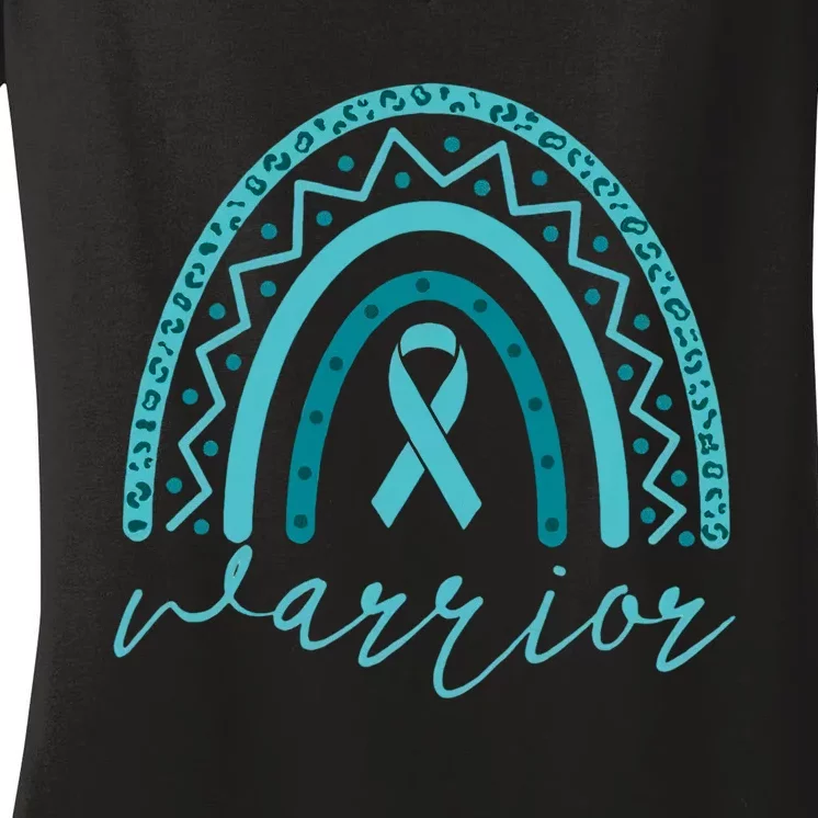 Rainbow Warrior Ovarian Cancer Fighter Teal Ribbon Cancer Survivor Women's V-Neck T-Shirt