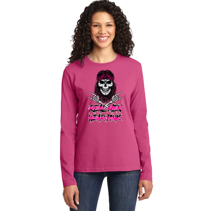 Real Men Wear Pink Breast Cancer Awareness Skull Ladies Long Sleeve Shirt