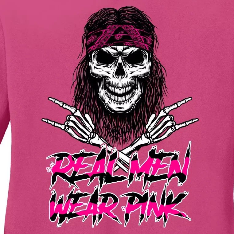 Real Men Wear Pink Breast Cancer Awareness Skull Ladies Long Sleeve Shirt