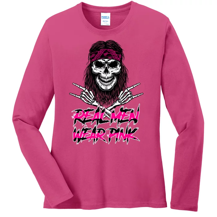 Real Men Wear Pink Breast Cancer Awareness Skull Ladies Long Sleeve Shirt