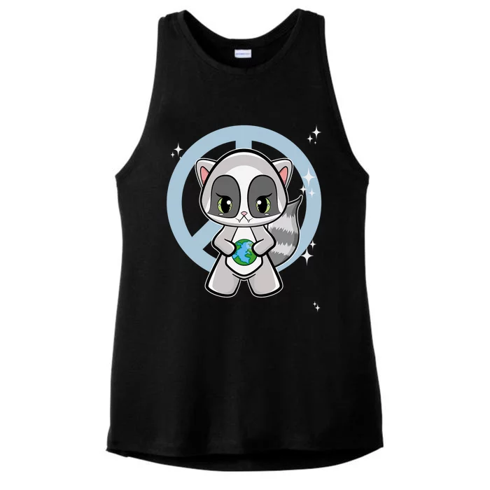 Racoon With Planet For Earth Day Ladies Tri-Blend Wicking Tank