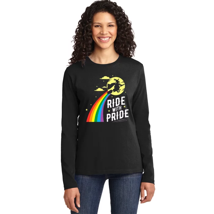 Ride With Pride LGBT Gay Lesbian Witch Halloween Ladies Long Sleeve Shirt