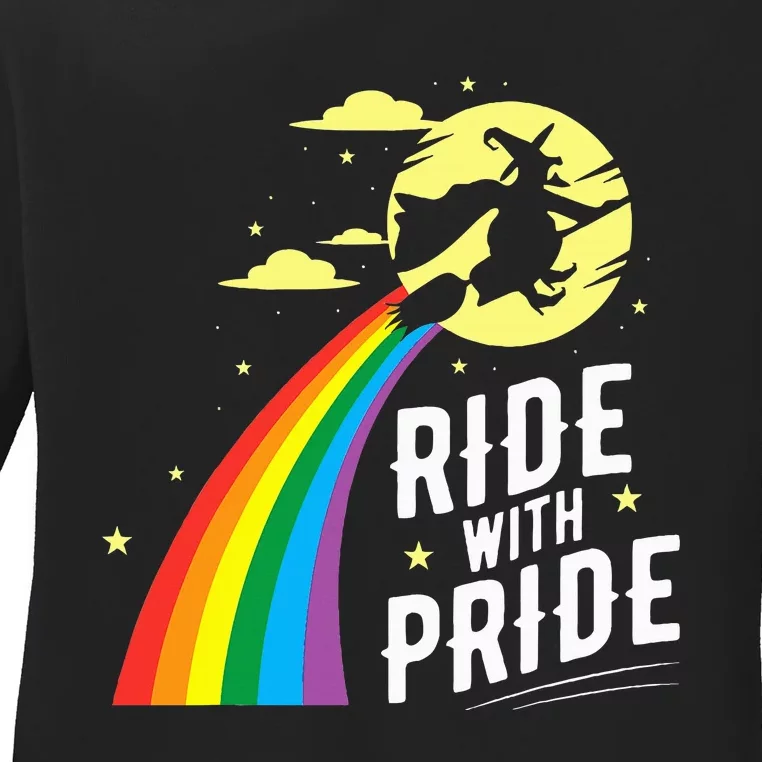 Ride With Pride LGBT Gay Lesbian Witch Halloween Ladies Long Sleeve Shirt