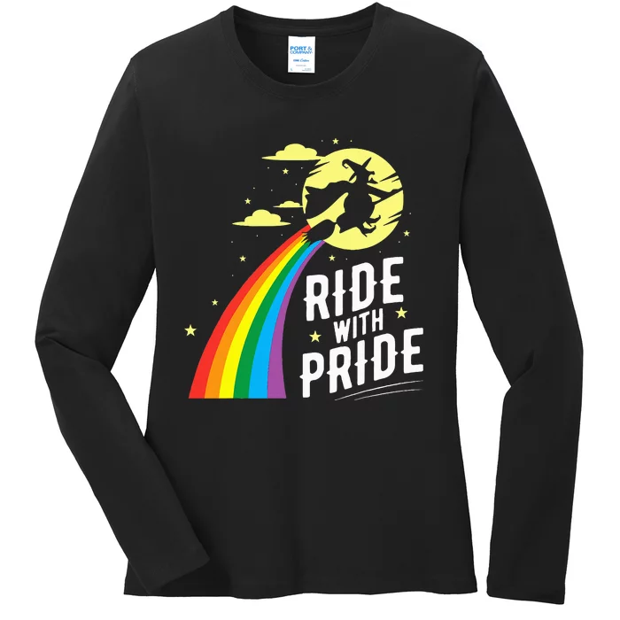 Ride With Pride LGBT Gay Lesbian Witch Halloween Ladies Long Sleeve Shirt