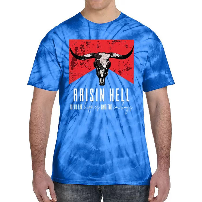 Raisinghell With The Hippies And Cowboys Western Cowhide Tie-Dye T-Shirt