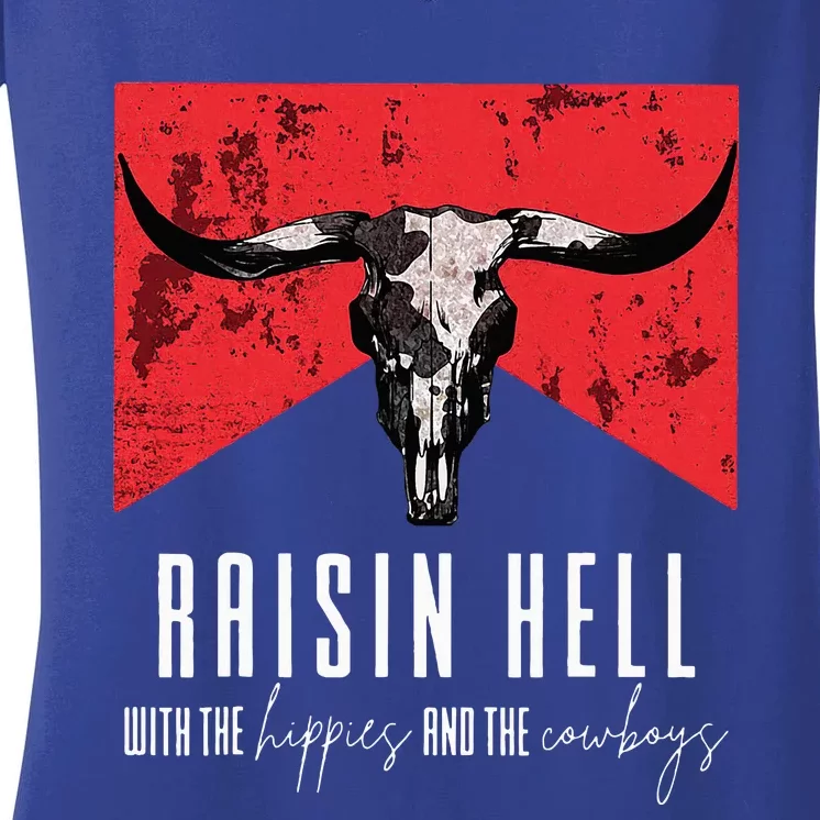 Raisinghell With The Hippies And Cowboys Western Cowhide Women's V-Neck T-Shirt