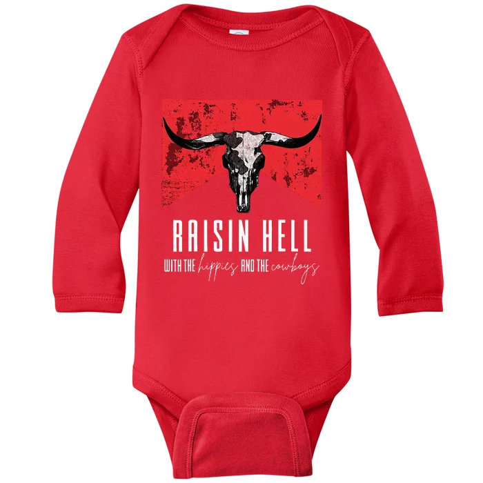 Raisinghell With The Hippies And Cowboys Western Cowhide Baby Long Sleeve Bodysuit