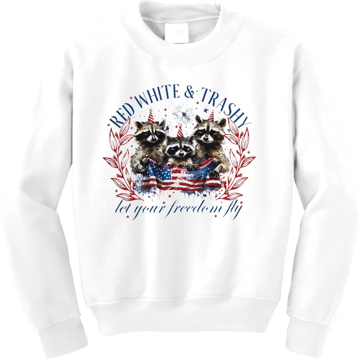 Red White & Trashy Retro 4th Of July  Raccoon Kids Sweatshirt