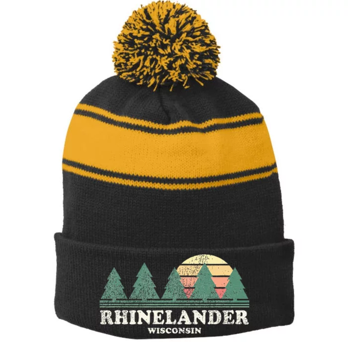 Rhinelander Wi Vintage Throwback Retro 70s Design Stripe Pom Pom Beanie