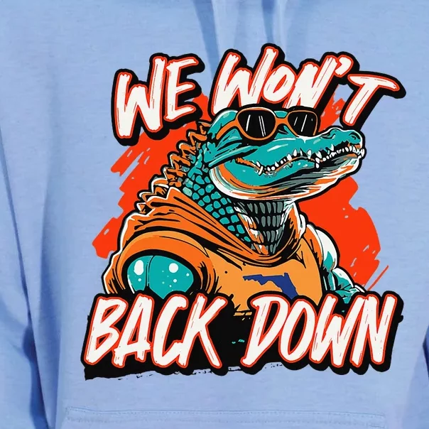 Retro We WonT Back Down Blue And Orange Gator Unisex Surf Hoodie