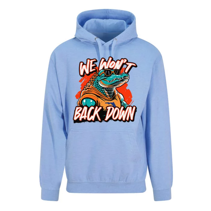 Retro We WonT Back Down Blue And Orange Gator Unisex Surf Hoodie