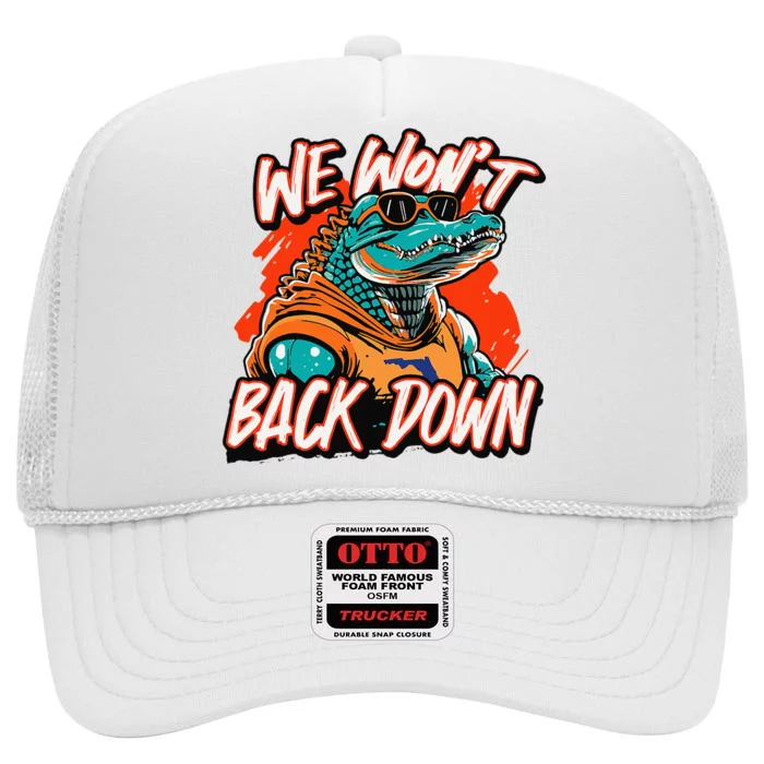 Retro We WonT Back Down Blue And Orange Gator High Crown Mesh Trucker Hat