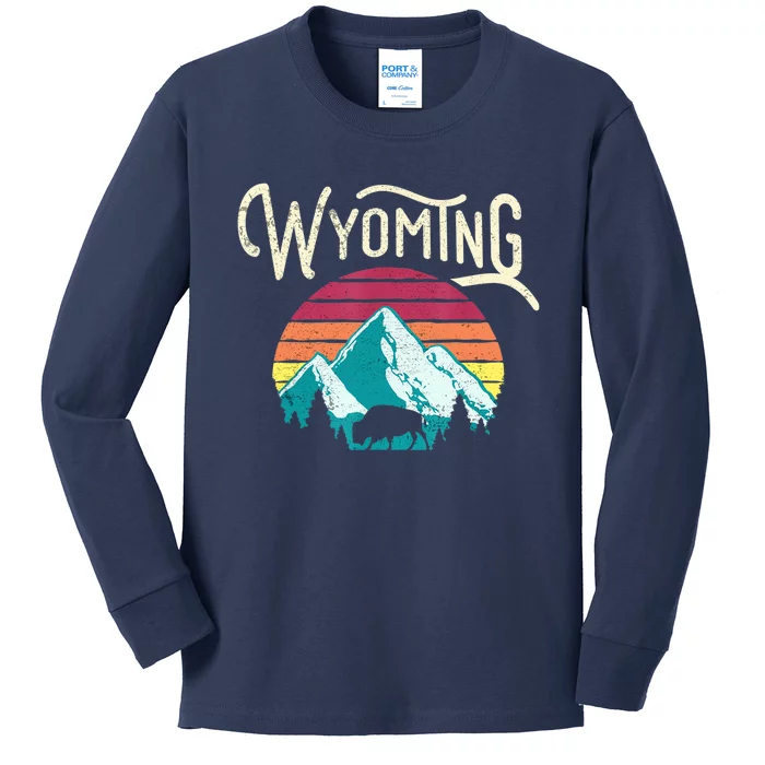 Retro Wyoming, WY Mountains State Wildlife Gift Kids Long Sleeve Shirt