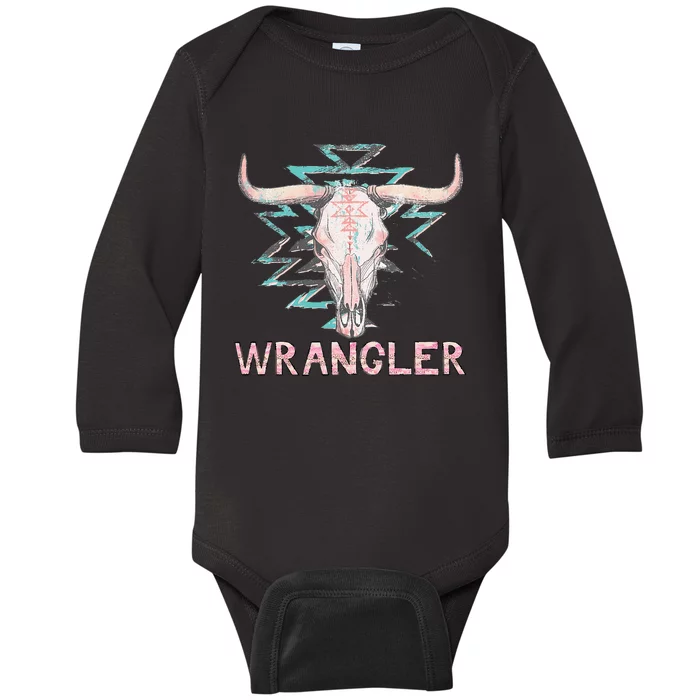 Rodeo Wrangler Western Cow Skull Cute Cow Baby Long Sleeve Bodysuit