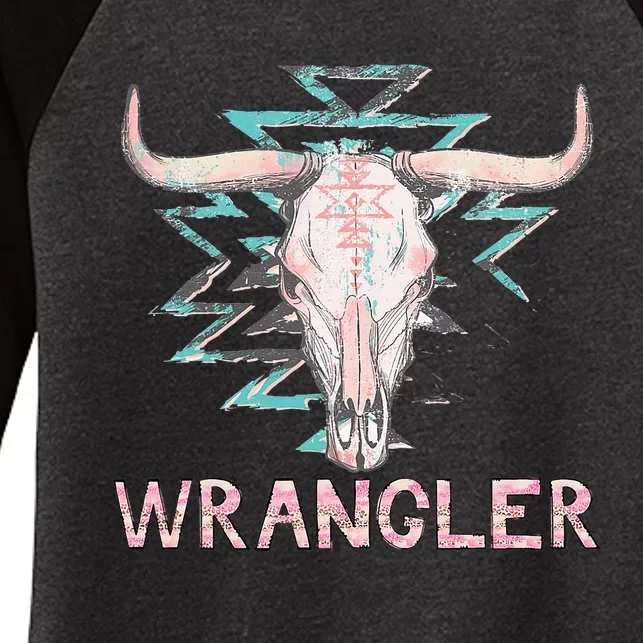 Rodeo Wrangler Western Cow Skull Cute Cow Women's Tri-Blend 3/4-Sleeve Raglan Shirt