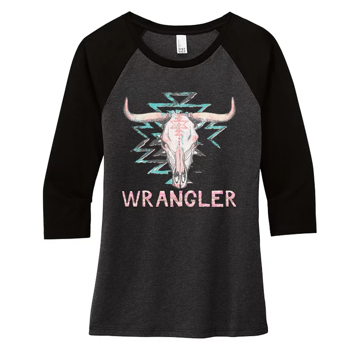 Rodeo Wrangler Western Cow Skull Cute Cow Women's Tri-Blend 3/4-Sleeve Raglan Shirt