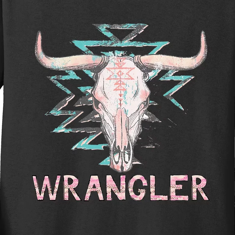 Rodeo Wrangler Western Cow Skull Cute Cow Kids Long Sleeve Shirt