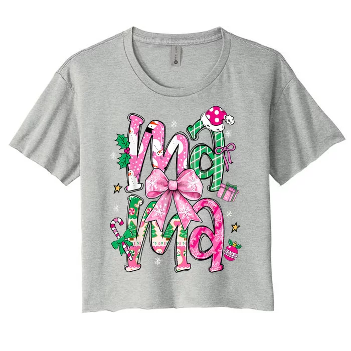 Retro Xmas Mama Coquette Bows Christmas Pajamas Gift Women's Crop Top Tee