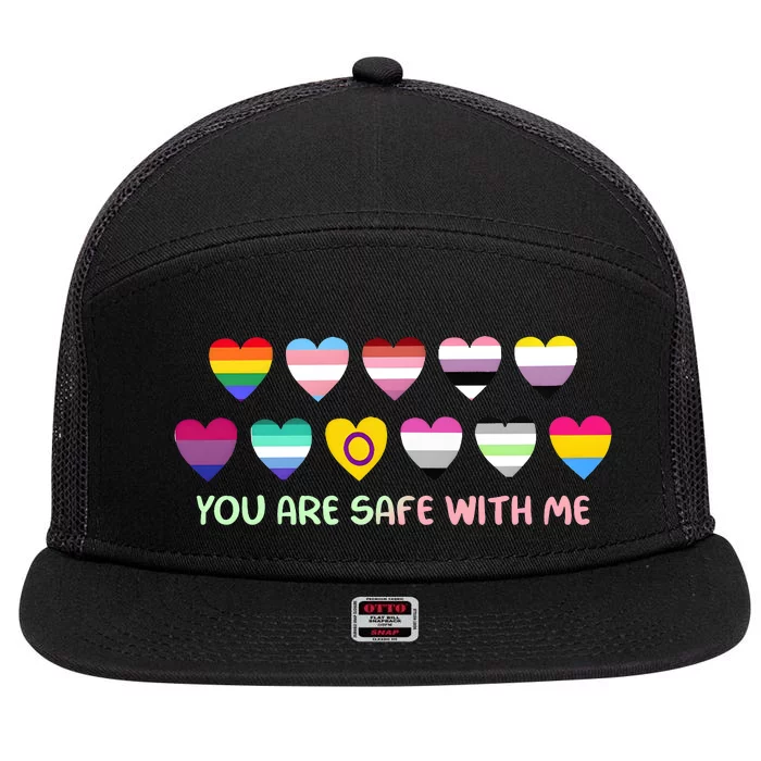 Retro You Are Safe With Me Lgbtq+ Heart Flag 7 Panel Mesh Trucker Snapback Hat