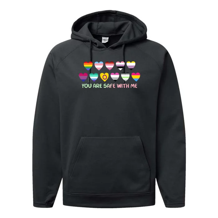 Retro You Are Safe With Me Lgbtq+ Heart Flag Performance Fleece Hoodie