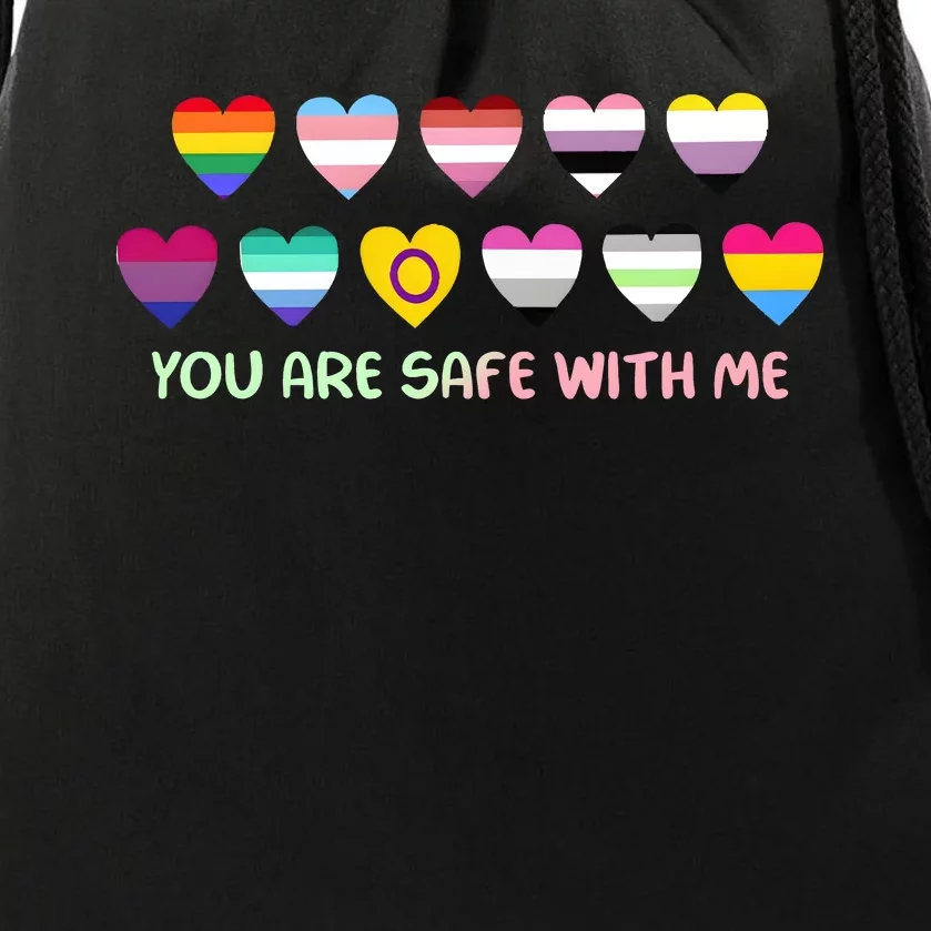 Retro You Are Safe With Me Lgbtq+ Heart Flag Drawstring Bag