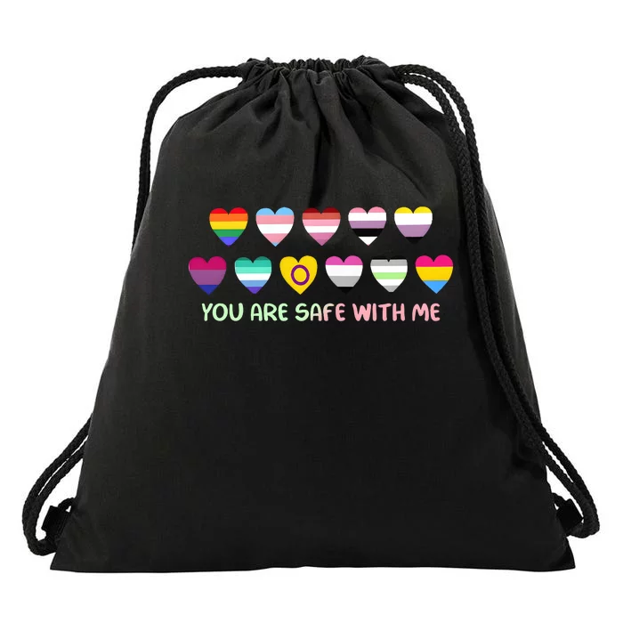 Retro You Are Safe With Me Lgbtq+ Heart Flag Drawstring Bag