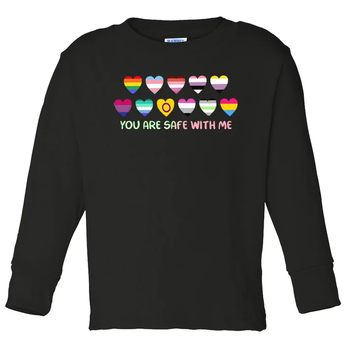 Retro You Are Safe With Me Lgbtq+ Heart Flag Toddler Long Sleeve Shirt