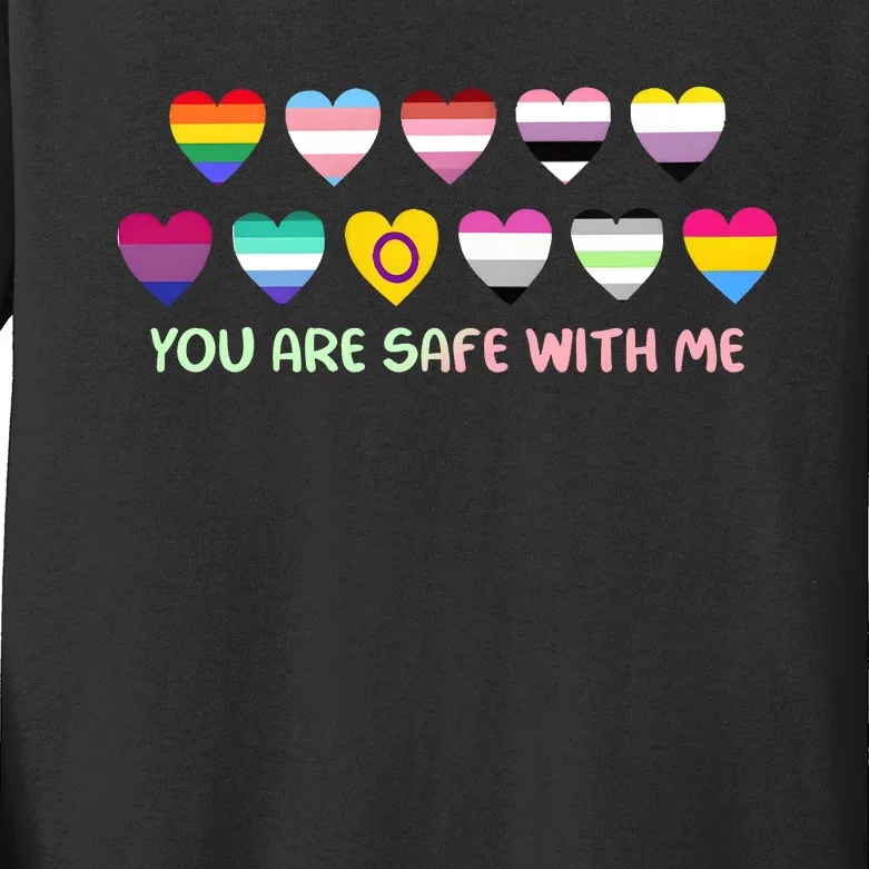 Retro You Are Safe With Me Lgbtq+ Heart Flag Kids Long Sleeve Shirt