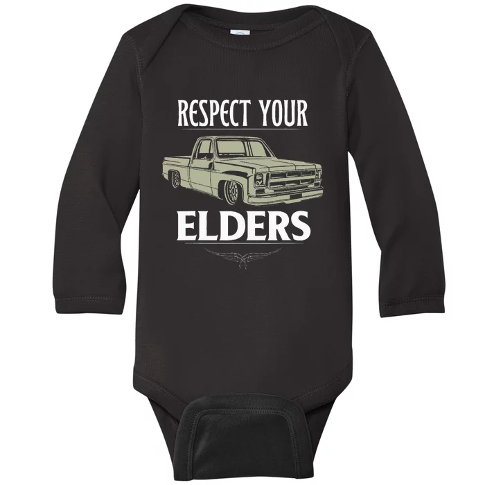 Respect Your Elders Funny Classic Pickup Truck Lovers Baby Long Sleeve Bodysuit