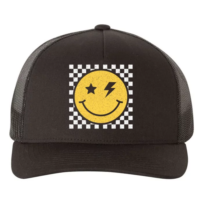 Retro Yellow Happy Face Checkered Pattern Smile Face Trendy Yupoong Adult 5-Panel Trucker Hat