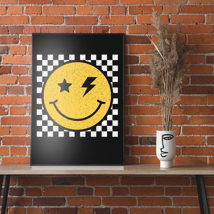 Retro Yellow Happy Face Checkered Pattern Smile Face Trendy Poster