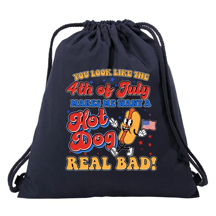 Retro You Look Like The 4th Of July Makes Me Want A Hot Dog Real Bad Drawstring Bag