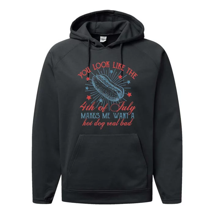 Retro You Look Like The 4th Of July Makes Me Want A Hot Dog Performance Fleece Hoodie