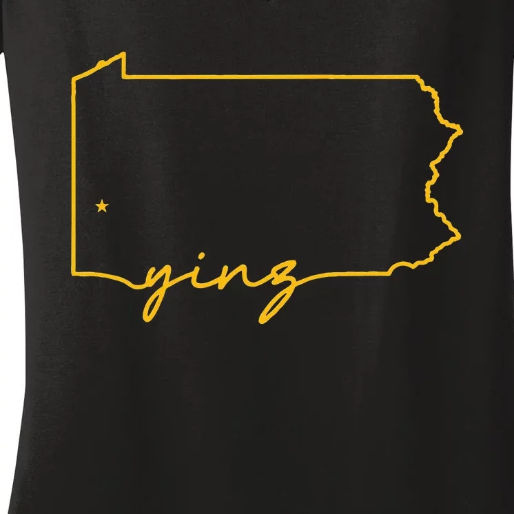 Retro Yinz Pittsburgh PA Home State Outline Women's V-Neck T-Shirt