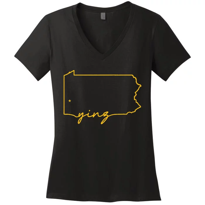 Retro Yinz Pittsburgh PA Home State Outline Women's V-Neck T-Shirt