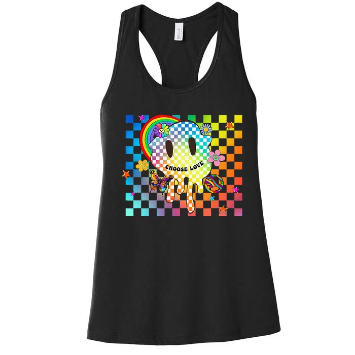 Retro Y2K Pride Rainbow Checkered Kidcore Aesthetic Peace Women's Racerback Tank