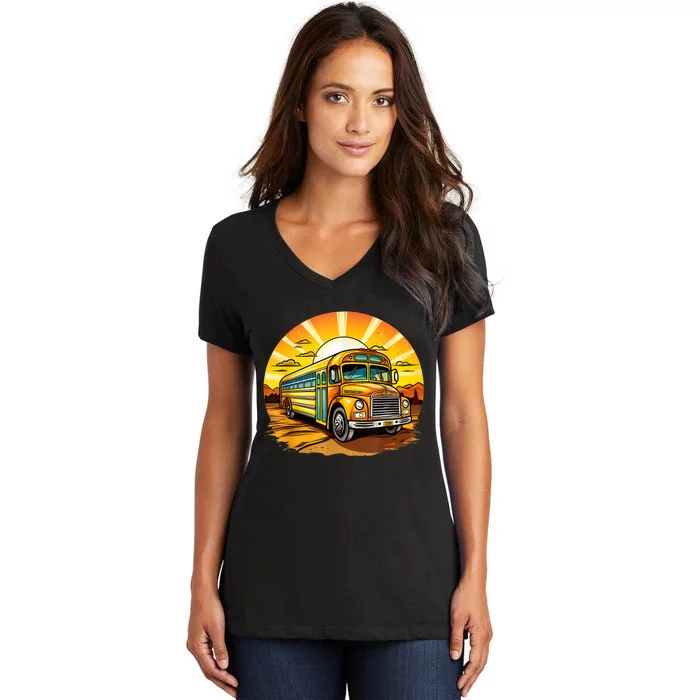 Retro Yellow School Bus Cool Professional Driver Student Women's V-Neck T-Shirt