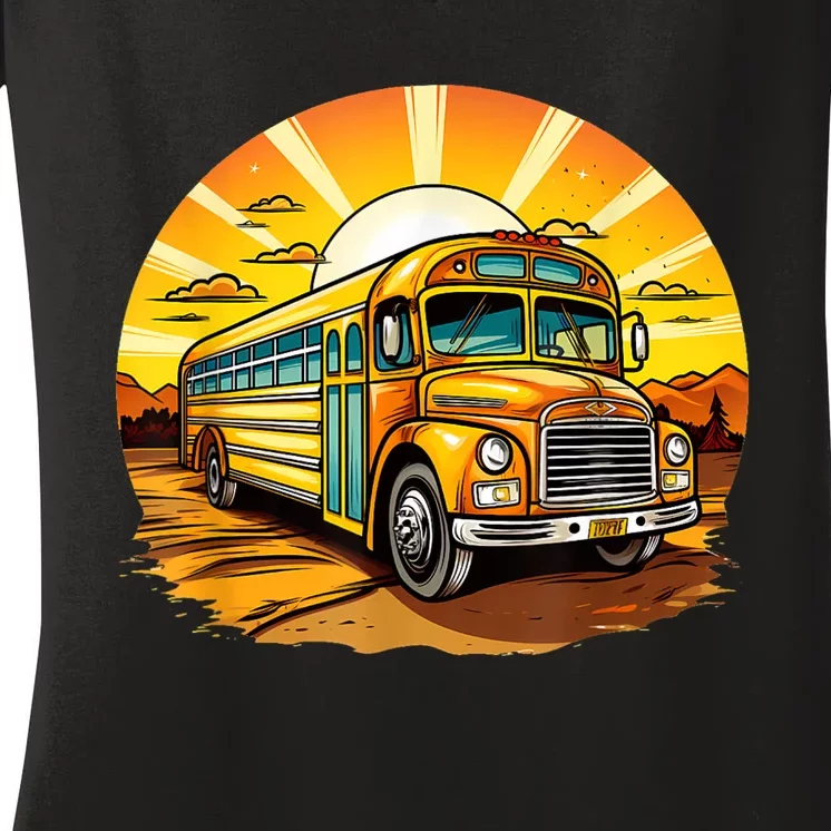 Retro Yellow School Bus Cool Professional Driver Student Women's V-Neck T-Shirt