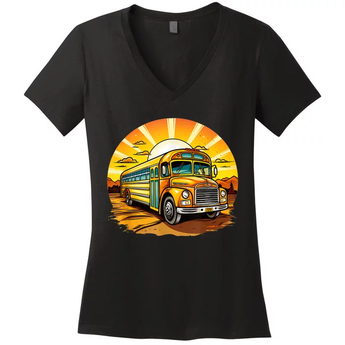 Retro Yellow School Bus Cool Professional Driver Student Women's V-Neck T-Shirt