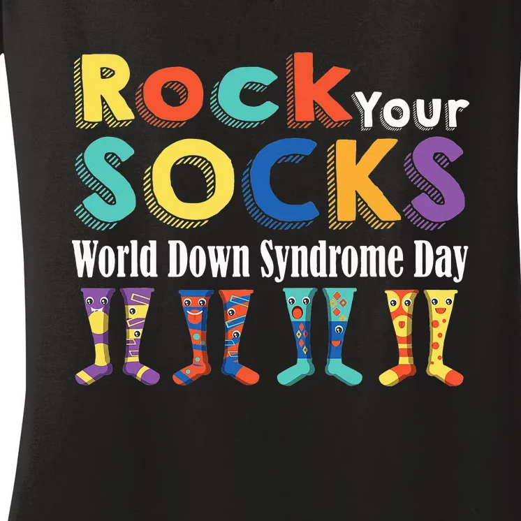 Rock Your Socks Cute 3-21 Trisomy 21 World Down Syndrome Day Women's V-Neck T-Shirt