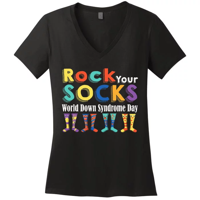 Rock Your Socks Cute 3-21 Trisomy 21 World Down Syndrome Day Women's V-Neck T-Shirt