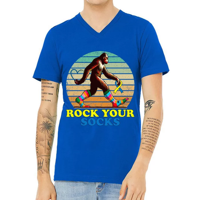 Rock Your Socks Awareness Sasquatch V-Neck T-Shirt