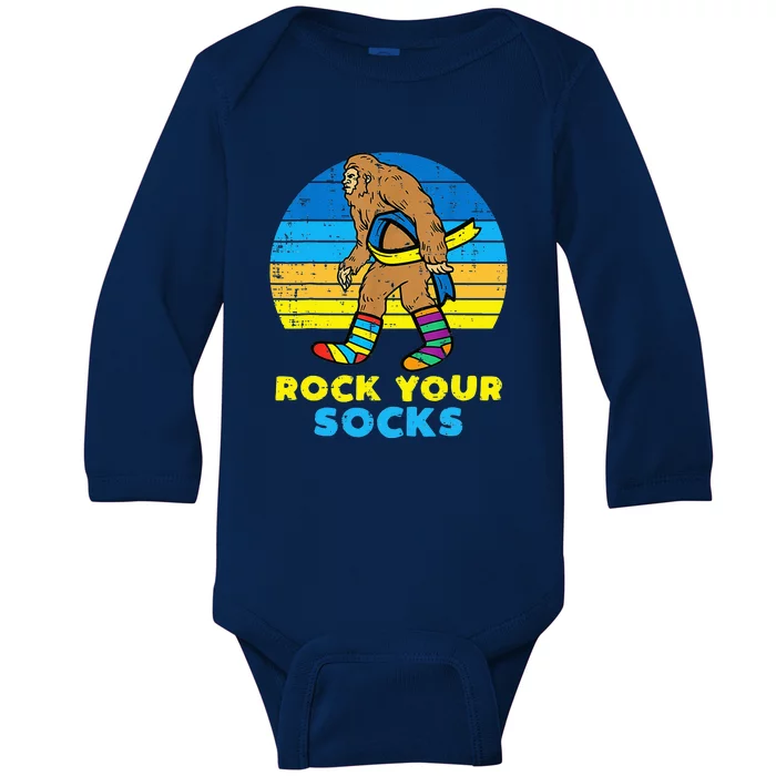 Rock Your Socks Awareness Sasquatch Down Syndrome Baby Long Sleeve Bodysuit