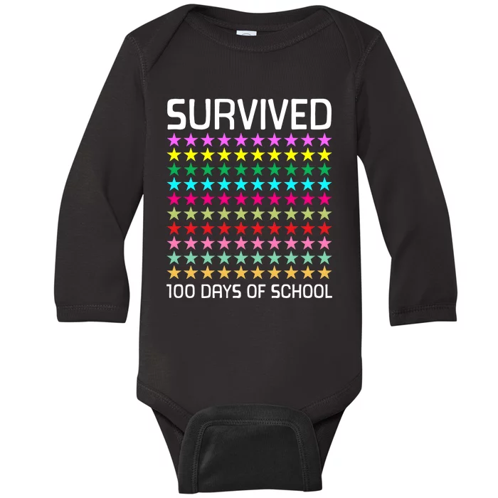 Survived 100 Days Of School Funny Stars Baby Long Sleeve Bodysuit