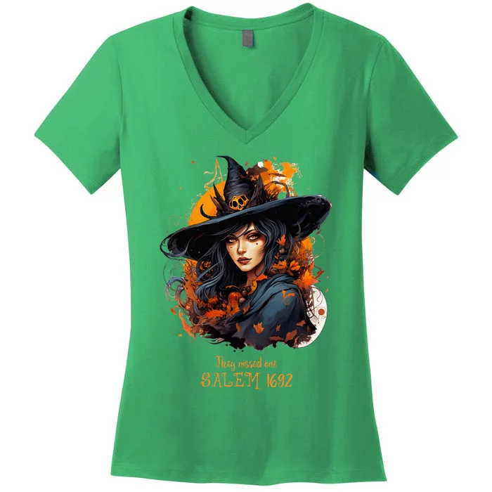 Salem 1692 You Missed One Witch Women's V-Neck T-Shirt