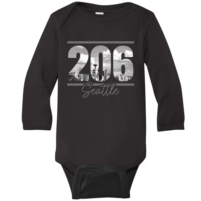 Seattle 206 Area Code Vintage Skyline Washington Baby Long Sleeve Bodysuit