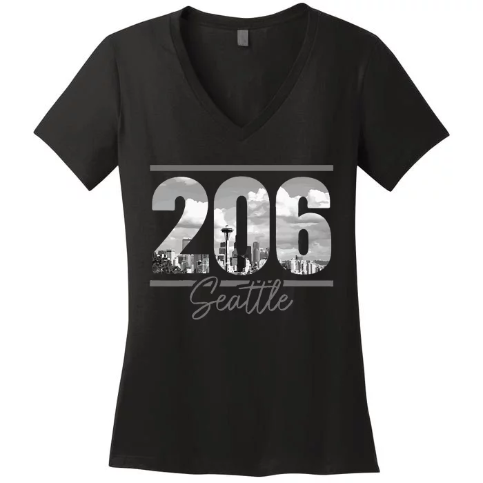 Seattle 206 Area Code Vintage Skyline Washington Women's V-Neck T-Shirt