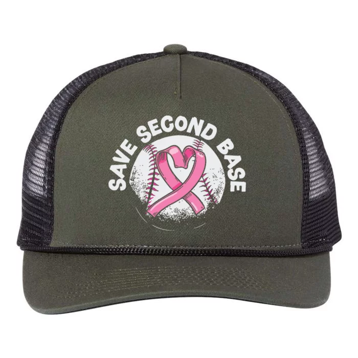 Save 2nd Base Baseball Player Breast Cancer Awareness Retro Rope Trucker Hat Cap