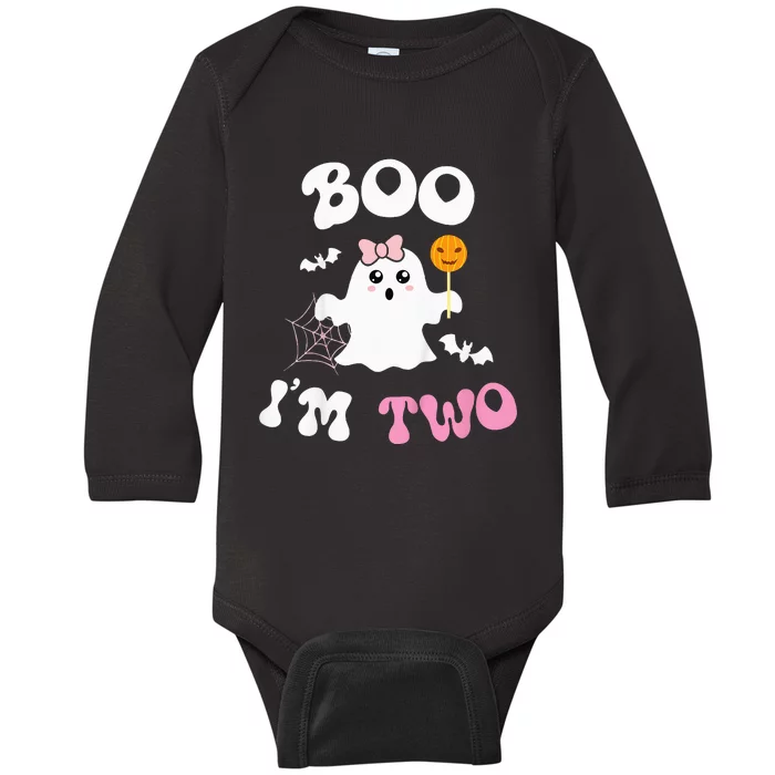 Spooky 2nd Birthday Celebration Boo I'm Two Ghost Halloween Baby Long Sleeve Bodysuit